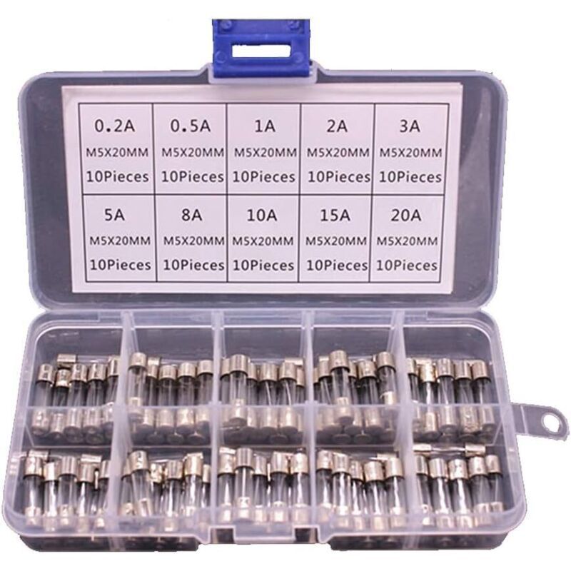100 Pack Glass Fuse Assortment in Box, 5 x 20mm 0.2A to 20A