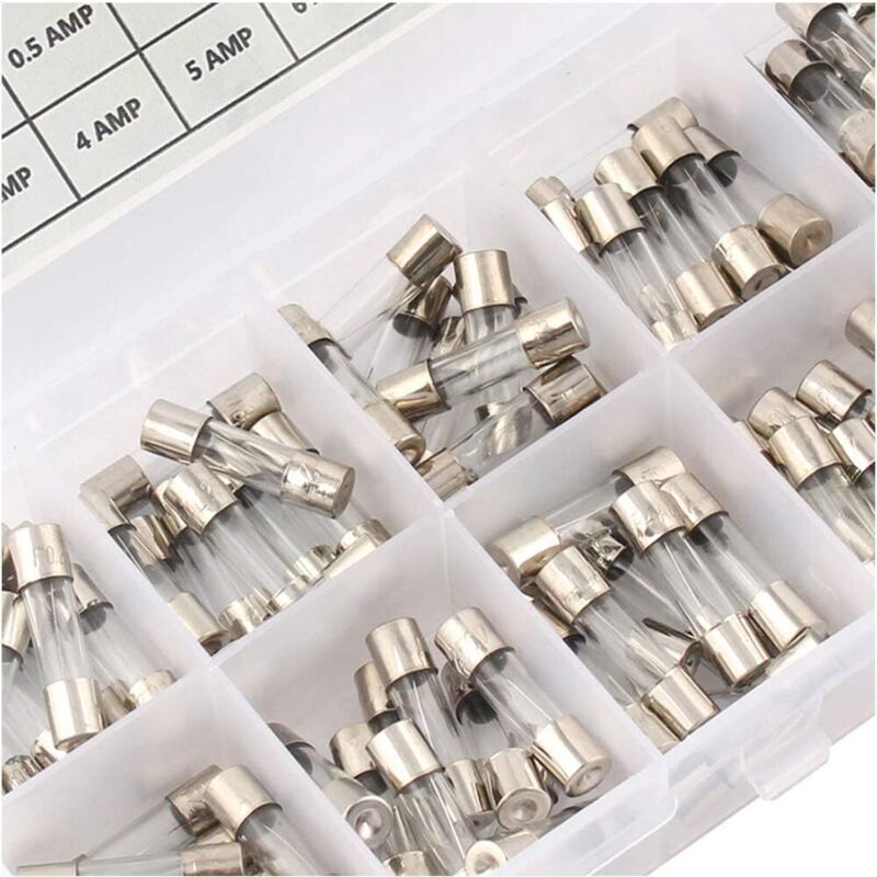 100 Pack Glass Fuse Assortment in Box, 5 x 20mm 0.2A to 20A