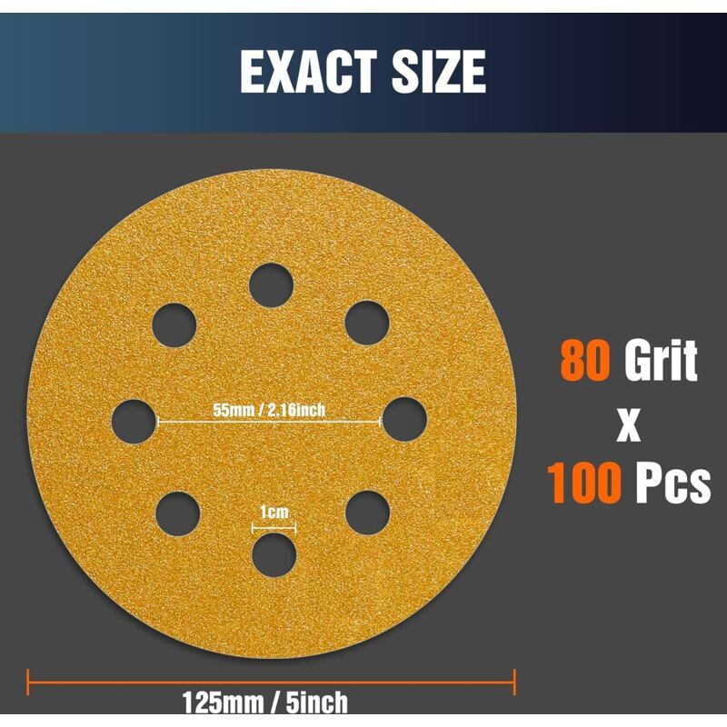 100 Pack Sanding Discs Grit 80 Sandpaper for Eccentric Sander, 125mm 5in