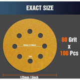 100 Pack Sanding Discs Grit 80 Sandpaper for Eccentric Sander, 125mm 5in