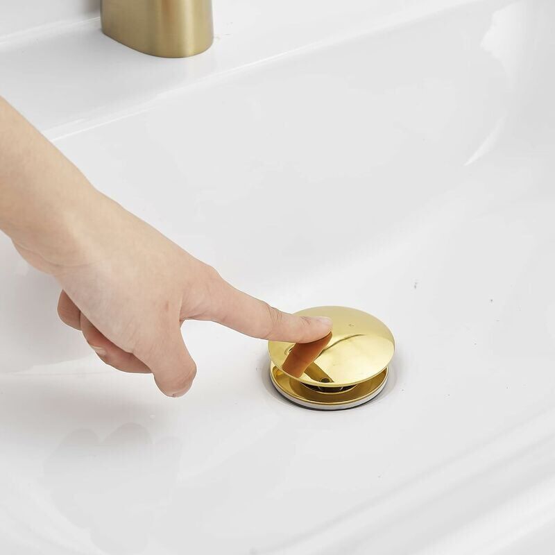 Gold Pop up Sink Drain Without Overflow, Drain Plug with Strainer Basket, Drain Waste for Bathroom Sink Brass