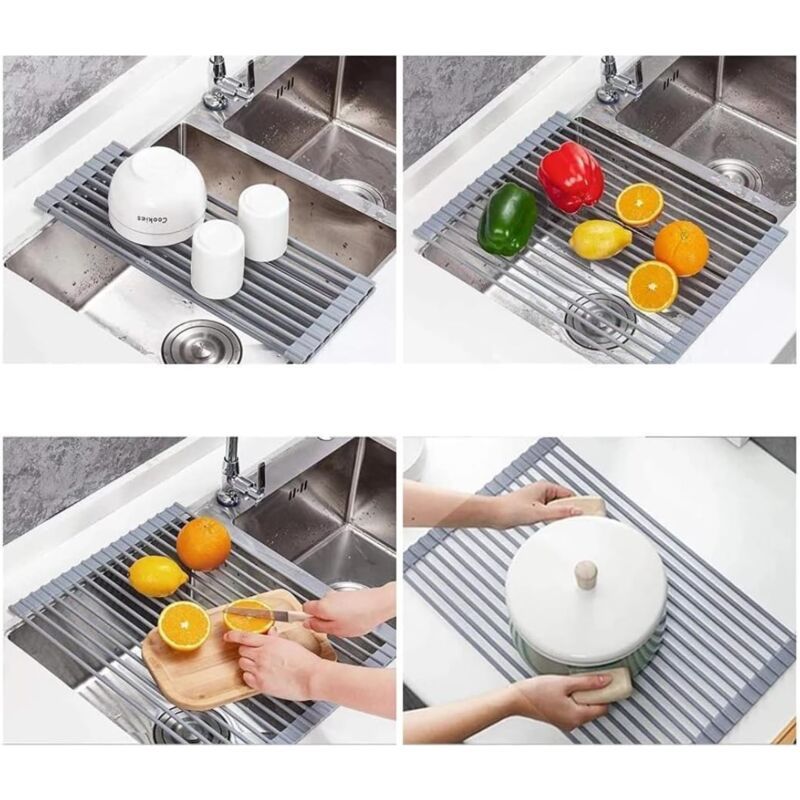 Sink Drainer Basket Roll Up Heat Resistant Dishwasher Shelf with 19 Tubes, Gray, 33 x 45 x 1cm
