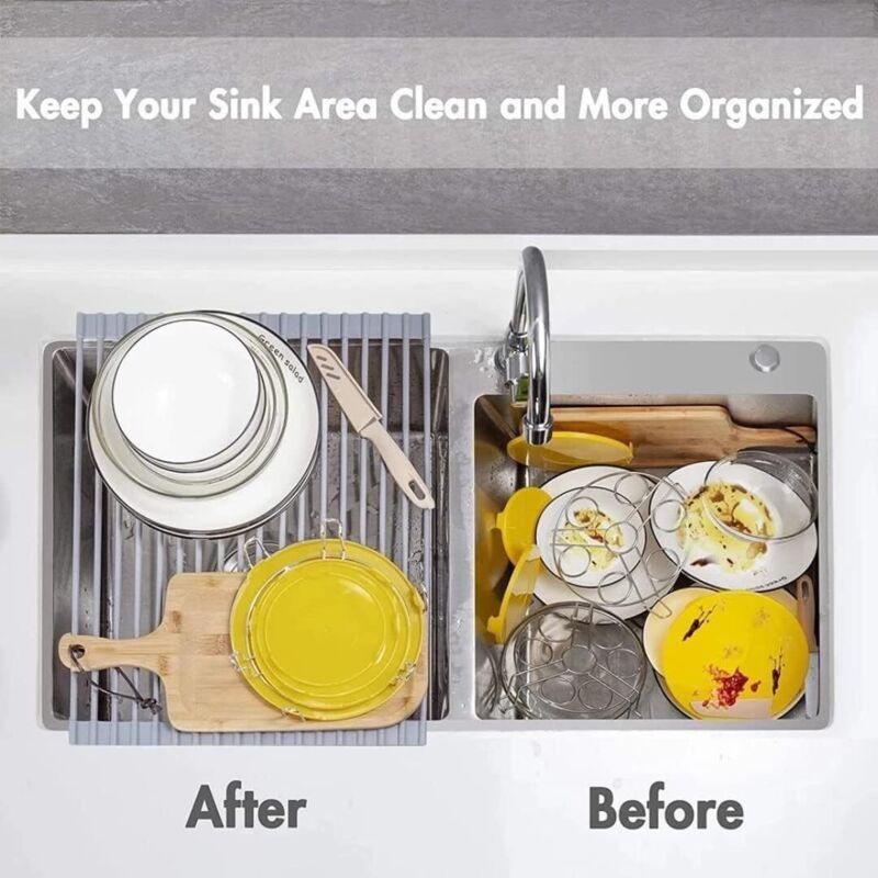 Sink Drainer Basket Roll Up Heat Resistant Dishwasher Shelf with 19 Tubes, Gray, 33 x 45 x 1cm