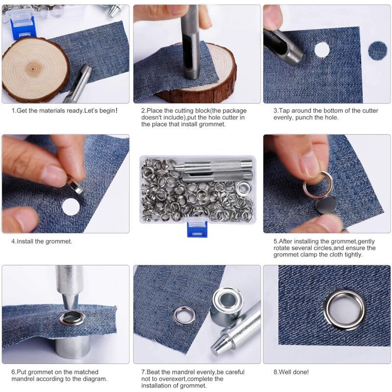 123 Pieces Eyelet Sets Grommets Metal Grommets Kit with Storage Box for Canvas Tarpaulin Tent Curtains Repair, 10mm