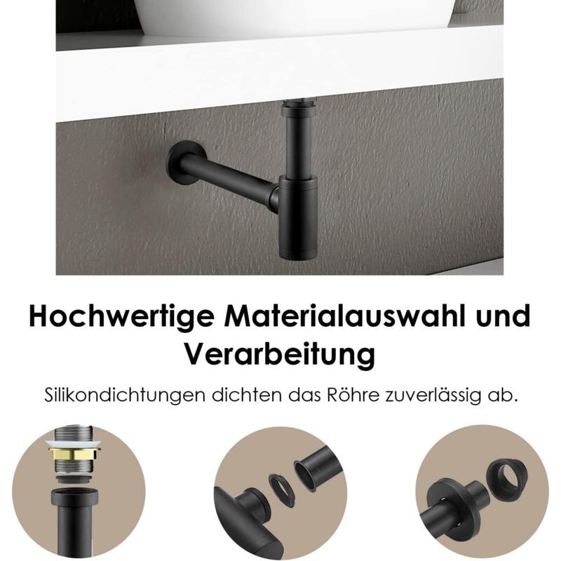 Brass Basin Drain, Keymark Universal Siphon with Extension Tube, 1 Adjustable Siphon Anti Odor Leak Proof, Matte Black, 0.25 x 32mm, 200mm