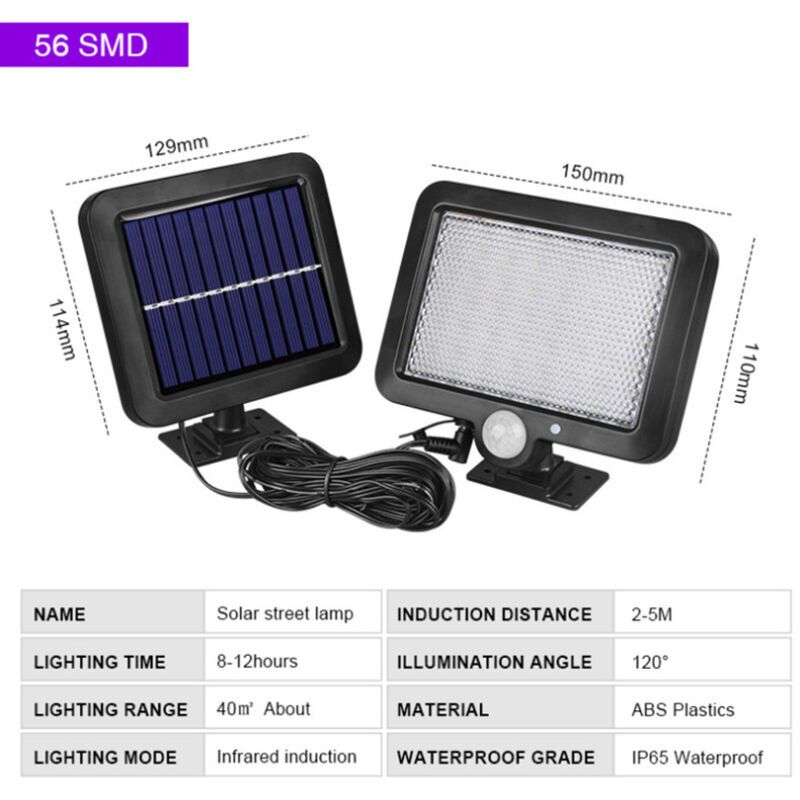 Outdoor Solar Light with 56 LED Motion Sensor IP65 Waterproof 120 Degree Solar Garden Light with Cable, 5m