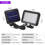 Outdoor Solar Light with 56 LED Motion Sensor IP65 Waterproof 120 Degree Solar Garden Light with Cable, 5m - Side View