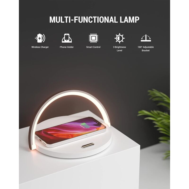 Wireless Charger Bedside Lamp LED Touch Night Light with QC3.0 10W Induction Charger, White