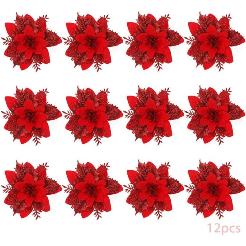 Christmas Flowers, 12 Glitter Christmas Flowers, Hollow Glitter Christmas Flower, Poinsettia Christmas Tree Artificial Flowers Ornament, Christmas