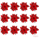 Christmas Flowers, 12 Glitter Christmas Flowers, Hollow Glitter Christmas Flower, Poinsettia Christmas Tree Artificial Flowers Ornament, Christmas