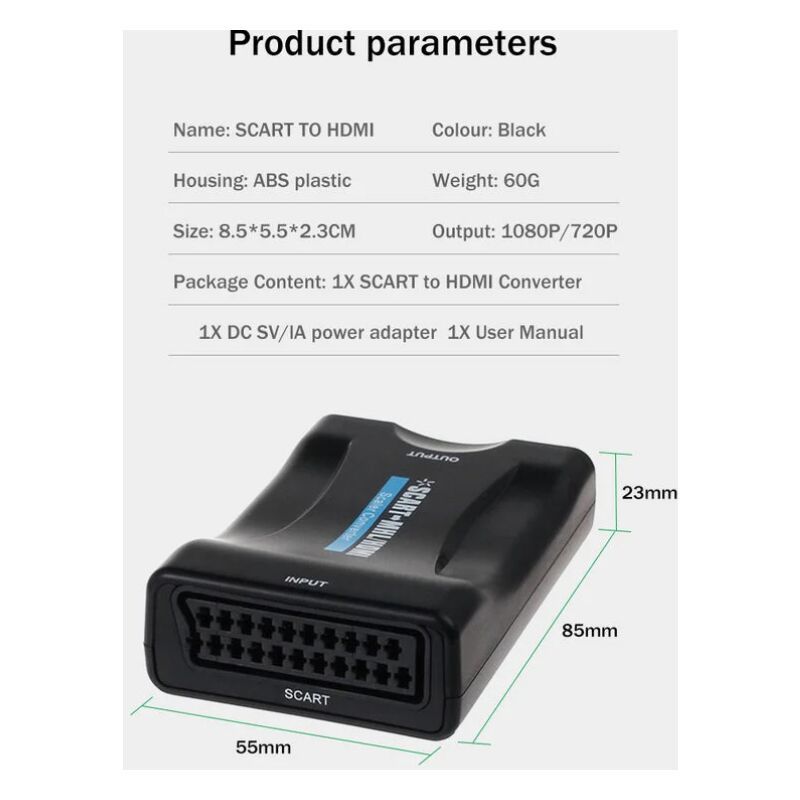 SCART to HDMI Converter 1080P 60Hz Analog to Digital Audio Video Adapter