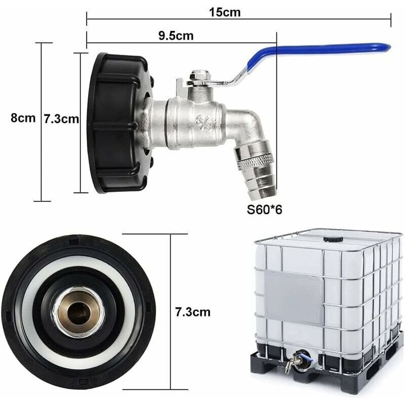 IBC Drain Tank Adapter S60x6 Tap Valve 0.75 Inch Ball Valve Water Tank Adapter
