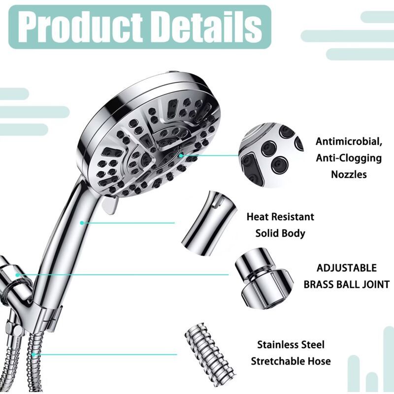 High Pressure Handheld Shower Head with 8 Spray Settings and 2 Spray Modes with Stainless Steel Hose, 1.5m