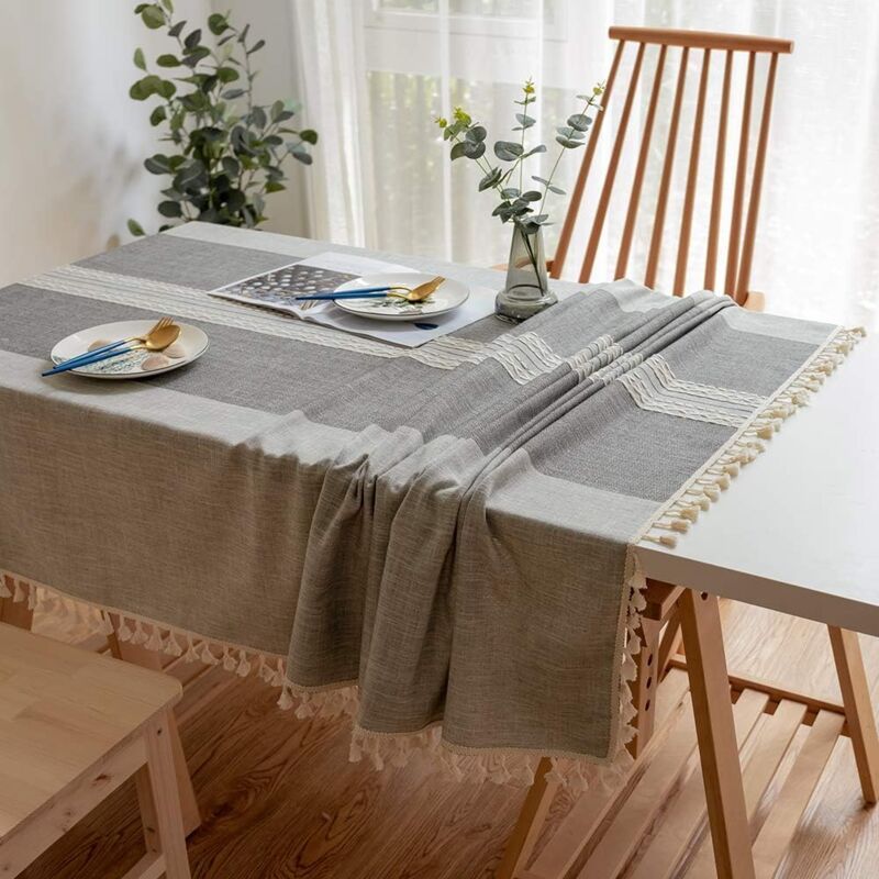 Tablecloths, Embroidery Table Cloth Washable Cotton Linen Tassel Tablecloth, Anti Fade Wrinkle Free Table Cover, Grey, 110 x 170cm