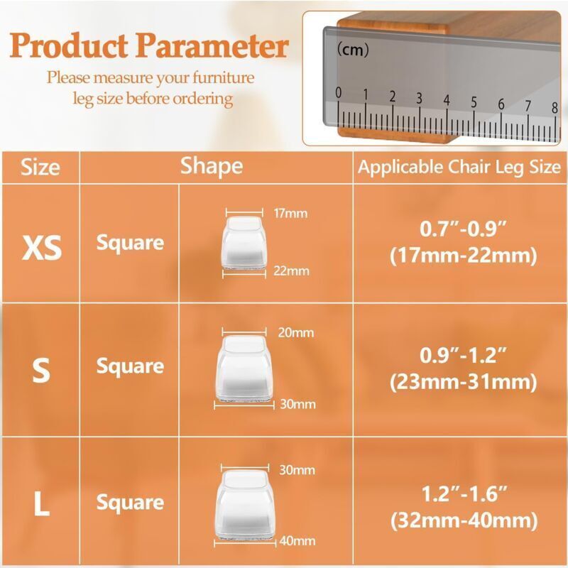 16 Pcs Square Silicone Chair Leg Protectors, Transparent Silicone Floor Protectors for Hardwood and Tile Floors, for Chair Legs with Felt, 32-40 mm