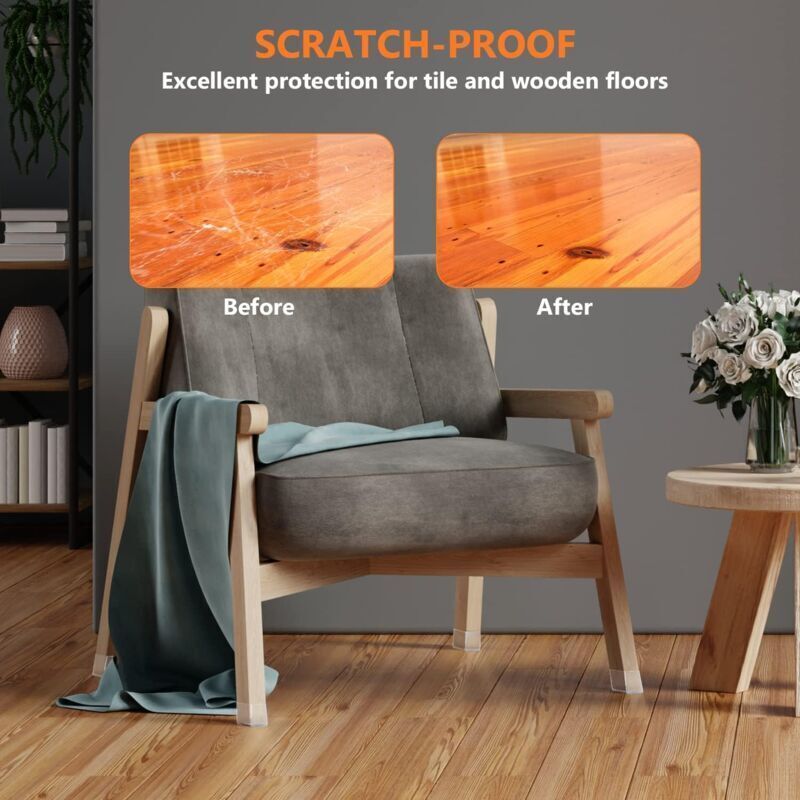 16 Pcs Square Silicone Chair Leg Protectors, Transparent Silicone Floor Protectors for Hardwood and Tile Floors, for Chair Legs with Felt, 32-40 mm