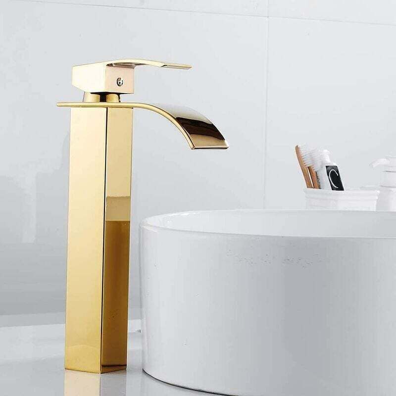 Waterfall Basin Tap, Flat Spout Sink Mixer Tap, Hot and Cold Water Available Bathroom Tap, Modern Chrome Style, Top, Gold, 750G