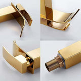 Waterfall Basin Tap, Flat Spout Sink Mixer Tap, Hot and Cold Water Available Bathroom Tap, Modern Chrome Style, Top, Gold, 750G - Top-Down View