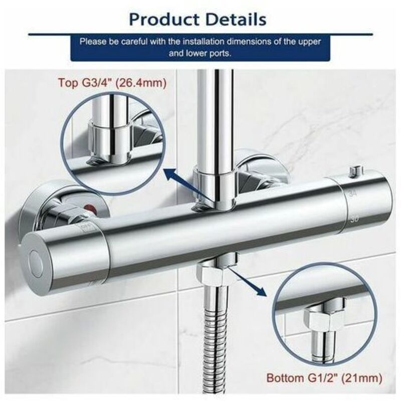Thermostatic Column, Brass Shower Faucet High G3 4, Low G1 2, 26.4 mm, 21 mm, 150 mm