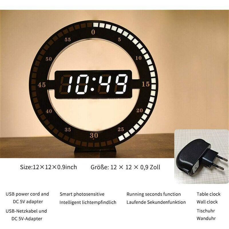Silent LED Digital Table Clock, Black Electronic Wall Clock, Round Desk Clock, for Bedroom, Living Room and Office, 30 cm