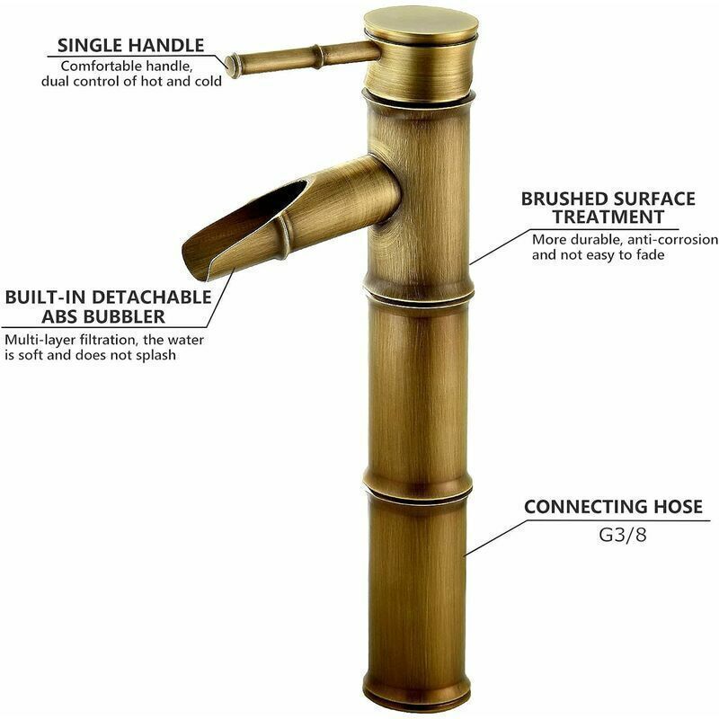 High Bamboo Faucet, Waterfall Basin Mixer Tap, Single Hole Hot and Cold Water Available, Bronze Bathroom Faucet, 3 Joints Break Mouth, 30 x 81 x 20 mm