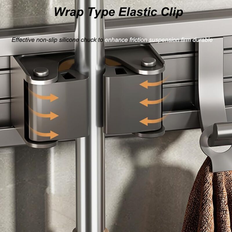 Aluminum Wall Mounted Broom Holder, No Drilling, Adhesive Holder with Hook, Storage, Tool Holder for Kitchen, Garage, Garden, Bathroom, Grey