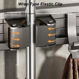 Aluminum Wall Mounted Broom Holder, No Drilling, Adhesive Holder with Hook, Storage, Tool Holder for Kitchen, Garage, Garden, Bathroom, Grey