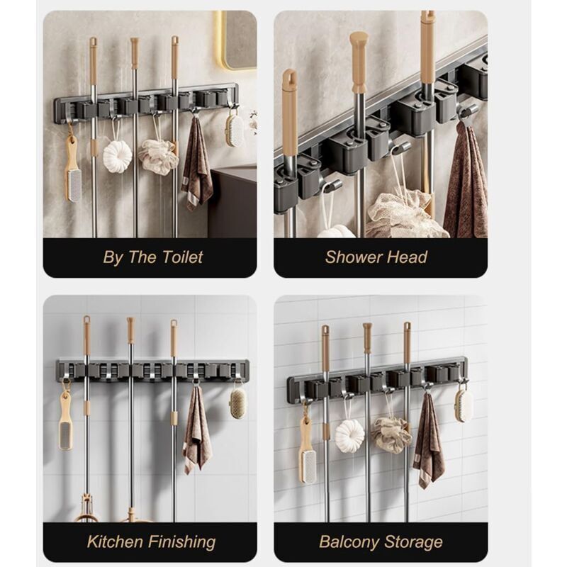Aluminum Wall Mounted Broom Holder, No Drilling, Adhesive Holder with Hook, Storage, Tool Holder for Kitchen, Garage, Garden, Bathroom, Grey