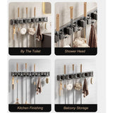 Aluminum Wall Mounted Broom Holder, No Drilling, Adhesive Holder with Hook, Storage, Tool Holder for Kitchen, Garage, Garden, Bathroom, Grey