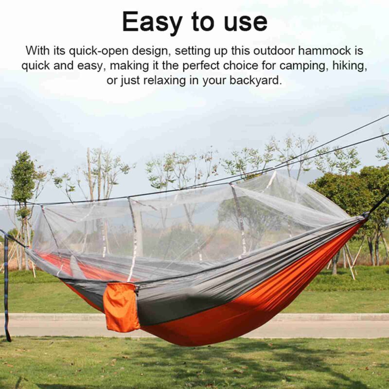Automatic Quick Open Hammock with Mosquito Net Portable Outdoor Camping Hammock Anti-Rollover Nylon Hammock, Orange and Gray, 260 x 140 cm