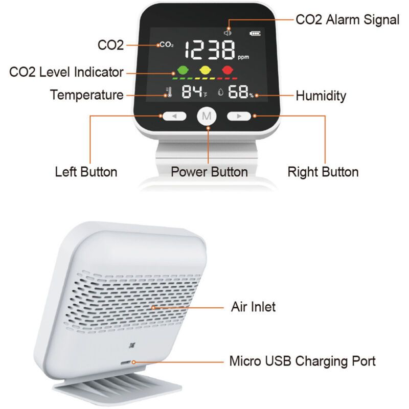 High Precision Air Quality Monitor CO2 400-5000 ppm, Desktop Temperature and Humidity Detector