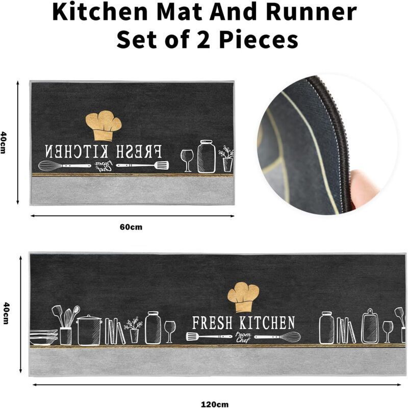 2 Pack Washable Kitchen Rugs, Pattern, Non-Slip Kitchen Mat, for Kitchen, Dining Room, Chef Hat, 40 x 120 cm, 40 x 60 cm