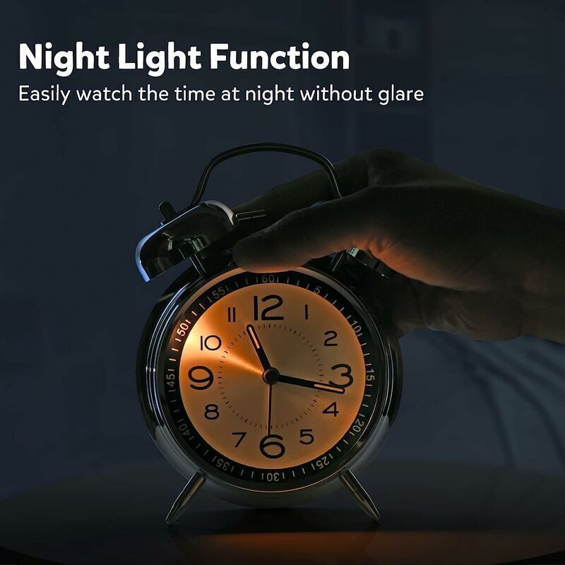 Loud Alarm Clock for Adults Heavy Sleepers, Silent Quartz with Backlight, Twin Bell, Grey, 4 Inch