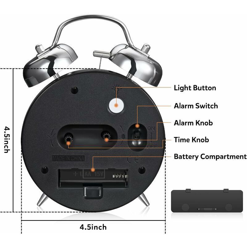 Loud Alarm Clock for Adults Heavy Sleepers, Silent Quartz with Backlight, Twin Bell, Grey, 4 Inch