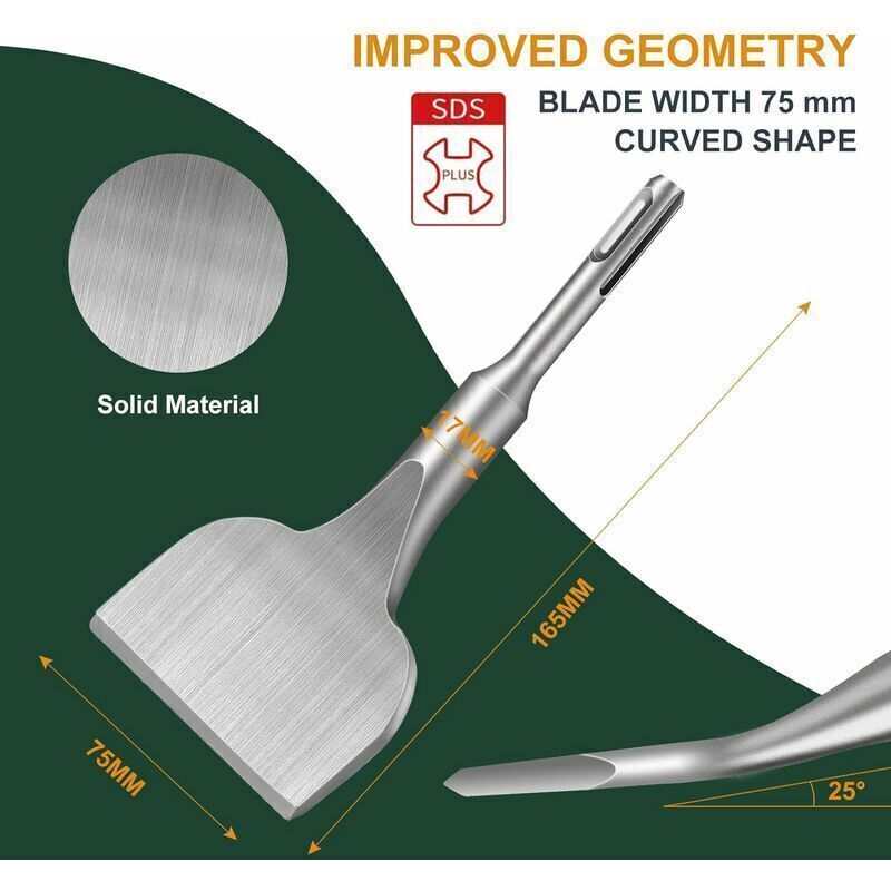 Tile Chisel, Chisel, 25 Degree Curve, Flat Tile Chisel, Professional Tile Chisel for Impact Hammers and Electric Hammers, 165 x 75 mm