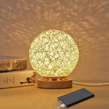 Rattan Night Light, Wooden Table Lamp with Handwoven Shade, USB Rechargeable, Rattan and Wood Bedroom Mood Lamp for Bedroom, Living Room, White