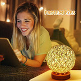 Rattan Night Light, Wooden Table Lamp with Handwoven Shade, USB Rechargeable, Rattan and Wood Bedroom Mood Lamp for Bedroom, Living Room, White