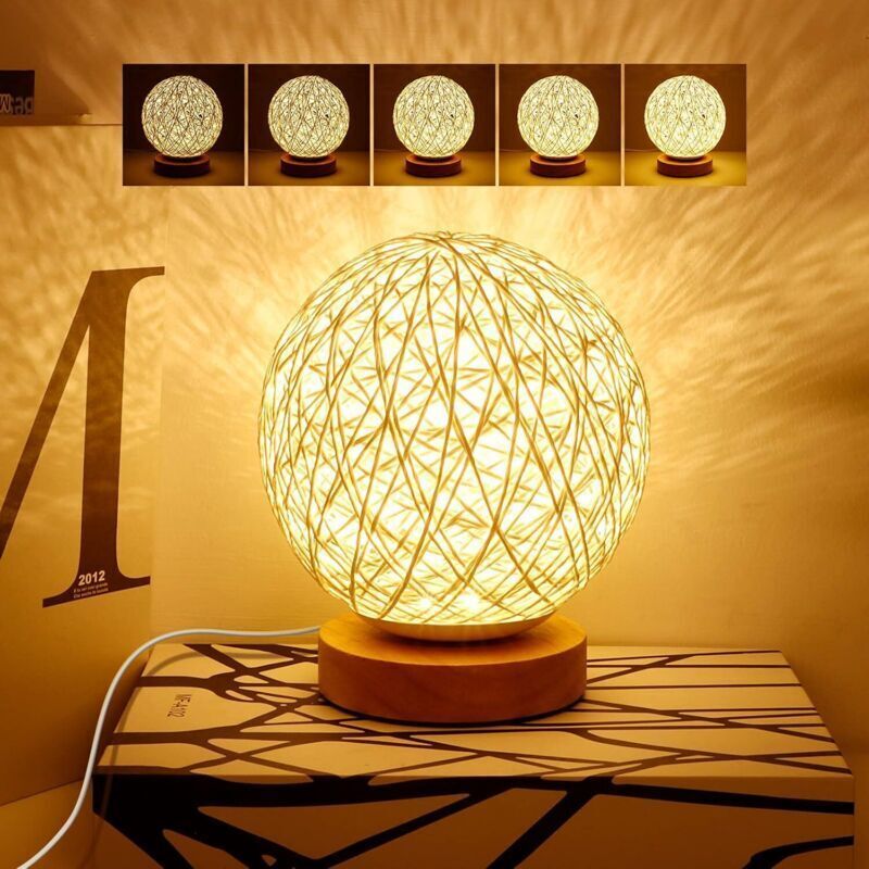 Rattan Night Light, Wooden Table Lamp with Handwoven Shade, USB Rechargeable, Rattan and Wood Bedroom Mood Lamp for Bedroom, Living Room, White