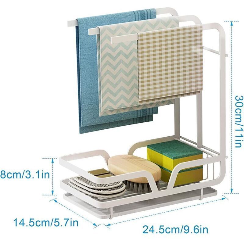 Sink Organizer, Wall Mounted Drainer for Towels, Sponges, Brush with Drip Tray for Kitchen and Bathroom, White