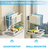 Sink Organizer, Wall Mounted Drainer for Towels, Sponges, Brush with Drip Tray for Kitchen and Bathroom, White