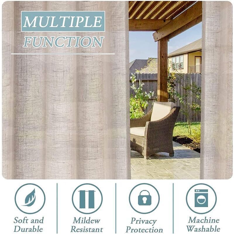 2 Pcs Outdoor Curtain, Patio Curtain, Detachable Sticky Tab Top for Easy and Non-Slip Hanging, Waterproof Outdoor Decking, Natural, 132 x 213 cm