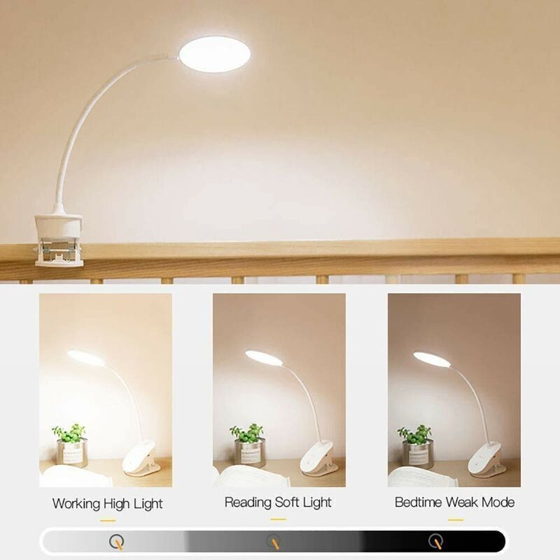 Battery-Powered Clip-on Reading Light for Bed, with 3 Brightness Levels, Rechargeable Via USB