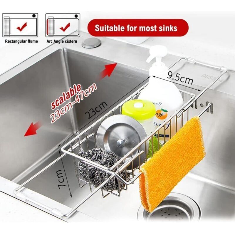 Kitchen Sink Organizer, Extendable Sponge Holder, Telescopic Drainer Stainless Steel Organizer Multifunctional Quick Drain Towel Rack, 23-47 cm