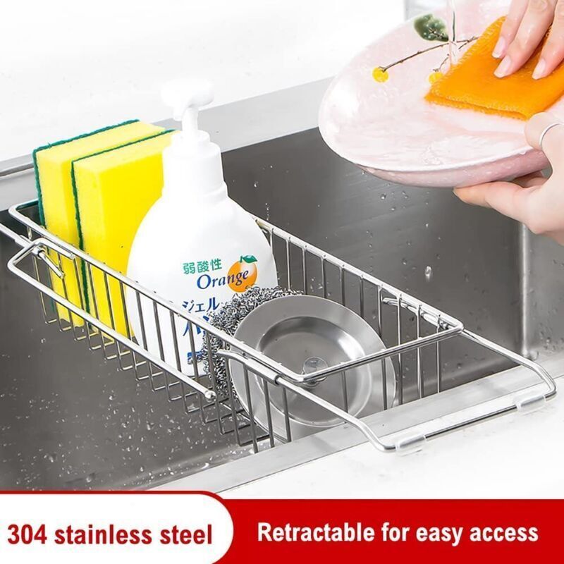 Kitchen Sink Organizer, Extendable Sponge Holder, Telescopic Drainer Stainless Steel Organizer Multifunctional Quick Drain Towel Rack, 23-47 cm