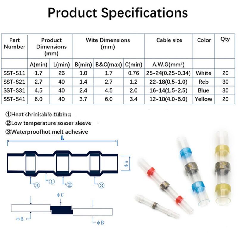 1 Set Heat Shrink Terminals, Waterproof Solder Ring Insulated Butt Connectors Assortment 300 Pcs White 25 Pcs Red 35 Pcs Blue 30 Pcs Yellow 10 Pcs