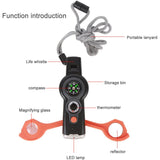 7 in 1 Emergency Survival Whistle, LED Thermometer, Compass, Multi-Function Whistle for Hiking, Climbing, Orange - Side View