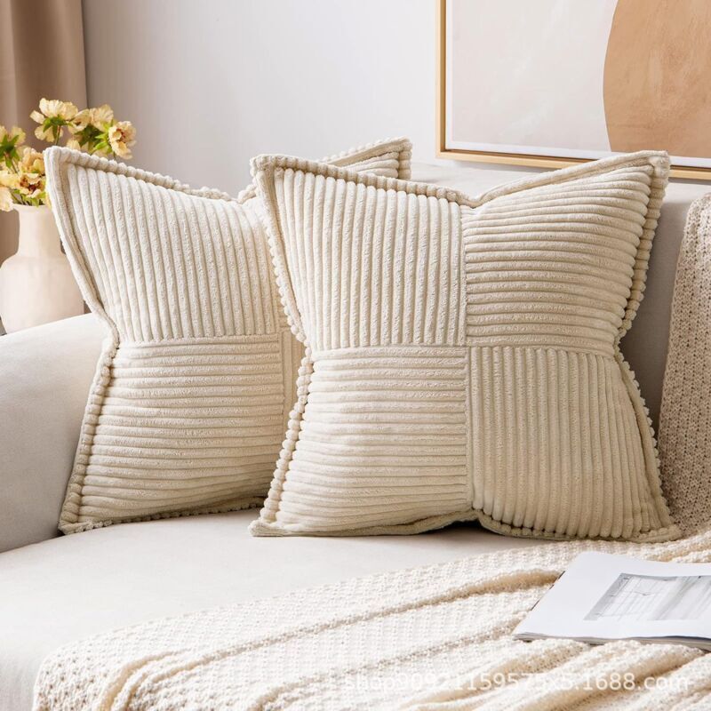 2 Pcs Sofa Cushion Cover Pillowcase in Beige Corduroy with Cross Pattern Decoration Bedroom Living Room, 45 x 45 cm
