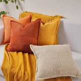 2 Pcs Sofa Cushion Cover Pillowcase in Beige Corduroy with Cross Pattern Decoration Bedroom Living Room, 45 x 45 cm - Side View