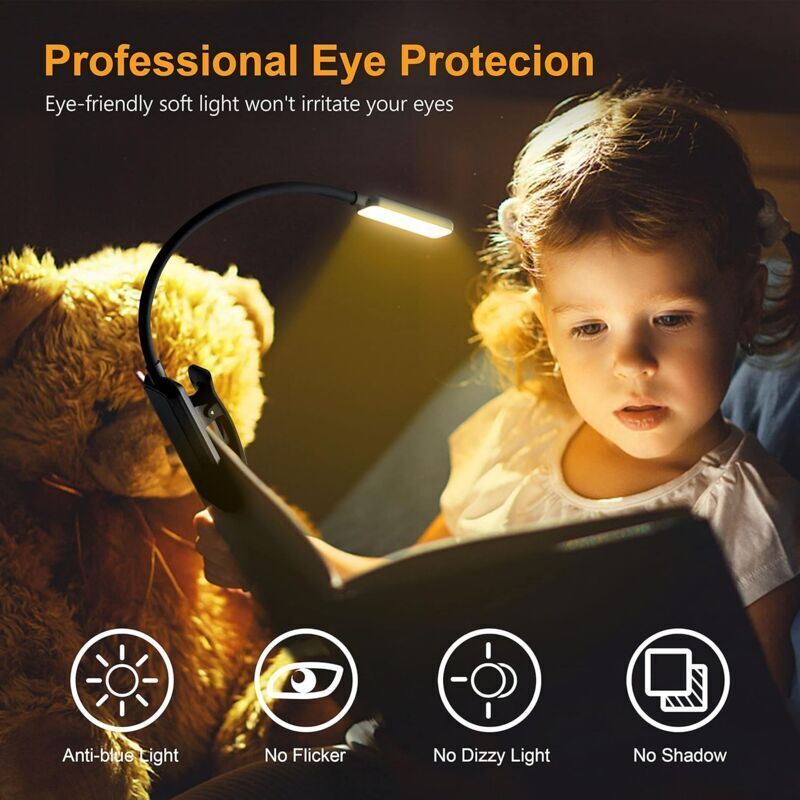 Rechargeable Reading Light, 9 LED Clip-on Reading Lamp, Stepless Dimming and 3 Eye Protection Modes, Cold and Warm White, 360 Degree Flexible Neck