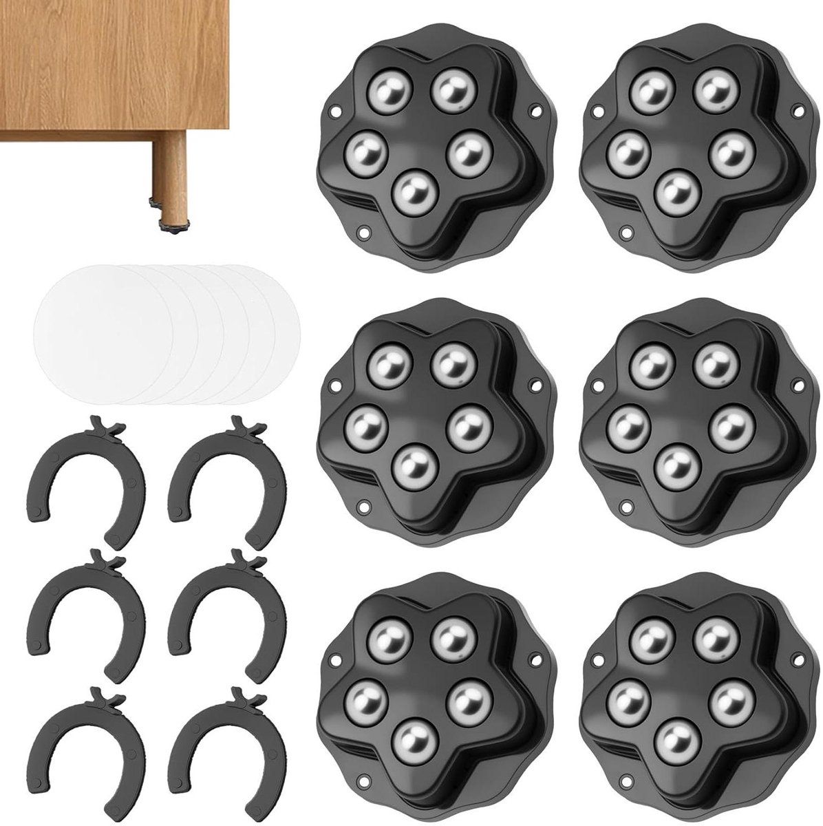 6 Pack Ball Caster Wheels, 360 Degree Swivel Steel Ball Bearings With Brakes, For Moving Furniture Cabinets And Appliances, Black, 4.8 x 4.8 cm